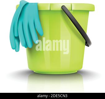 3d realistic vector plastic bucket with rubber gloves for cleaning. Isolated on white background illustration icon. Stock Vector