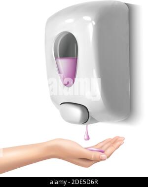 3d realistic vector hand palm taking liquid soap from dispenser. Isolated icon illustration on white background. Stock Vector