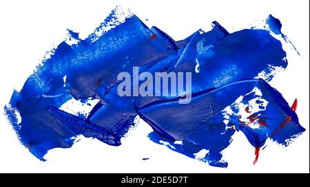 Hand drawn isolated oil paintbrush stripe with deep dirty blue color and rare small red spots esp 10 vector illustration. Template for your text atop. Stock Vector