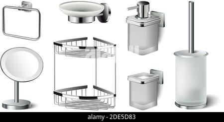3d realistic vector icon collection of bathroom accessories. Mirror, liquid soap, shelf, brush for the toilet. Stock Vector