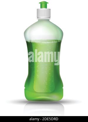 3d realistic vector dish washer liquid bottle with green cap. Isolated icon illustration on white background. Stock Vector