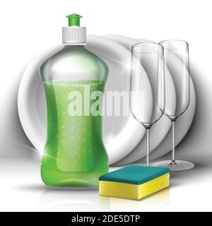 3d realistic vector cleaning dishes liquid with set of dishes and glasses. Household and kitchen cleaning concept. Stock Vector