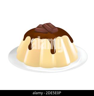 Vanilla pudding with chocolate topping and chocolate cubes on the top, vector Stock Vector