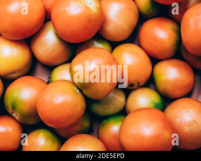 pattern texture, of fresh picked mediterranean yellow tomatoes, shot up close Stock Photo