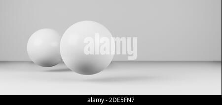 Abstract floating, hovering round spheres, globes or balls in realistic digital studio interior, cgi render illustration, background, rendering Stock Photo