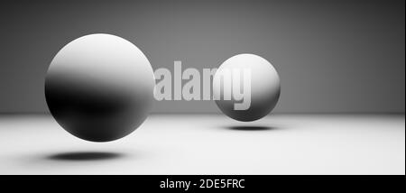 Abstract floating, hovering round spheres, globes or balls in realistic digital studio interior, cgi render illustration, background, rendering Stock Photo