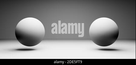 Abstract floating, hovering round spheres, globes or balls in realistic digital studio interior, cgi render illustration, background, rendering Stock Photo