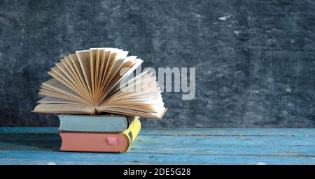 Opened hardcover book.Reading,literature,education,library,home office concept, copy space Stock Photo