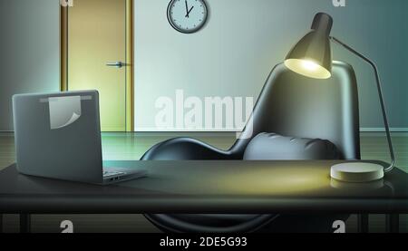 3d realistic vector office background. Working space with laptop and lamp. Freelance and work from home concept. Stock Vector