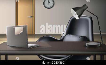 3d realistic vector office background. Working space with laptop and lamp. Freelance and work from home concept. Stock Vector