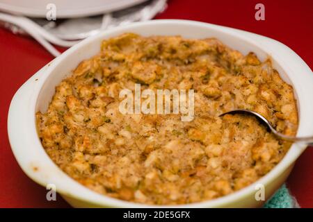 bread dressing casserole is ready for a holiday meal Stock Photo