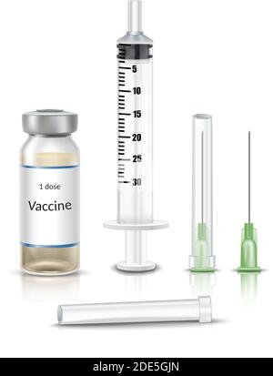 3d realistic vector sample set for one dose vaccine injection with one ampule, syringe and needle. Isolated icon illustration. Stock Vector