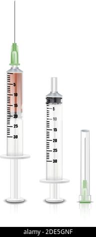 3d realistic vector sample set for one dose injection, syringe and needle. Isolated icon illustration. Stock Vector