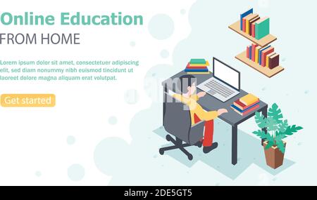 Vector flat style banner online education from home. Student sitting at the desk with laptop and pile of books on it and of the shelves. Stock Vector