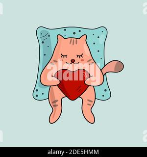 Cute cat sleeping on pillow with heart Stock Vector