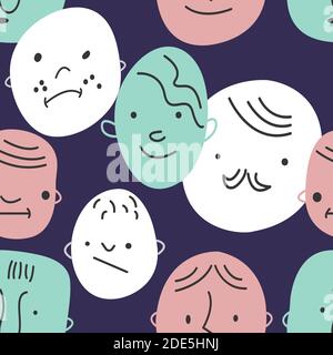 Seamless hand drawn pattern with different faces Stock Vector