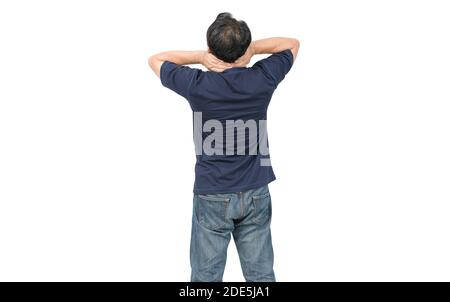 back view of man suffering from pain in neck isolated on white background. Symptom of cervical chondrosis. Inflammation of vertebra, Stock Photo