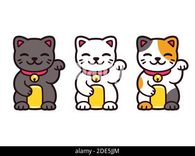 Cute cartoon Maneki Neko, Japanese lucky cats. Black, white and calico Feng Shui kitty. Isolated vector illustration set. Stock Vector