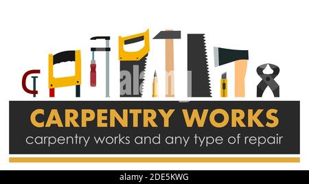 Carpentry works. Any type of repair. Logo of handyman services. Carpenter. Hand tools of universal workshop. Home repair service. Woodworking Stock Vector