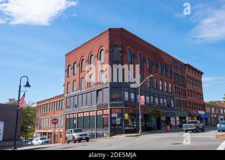 Historic commercial buildings on Main Street at Cushing Street in downtown Fitchburg, Massachusetts MA, USA. Stock Photo