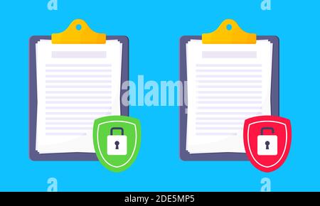 Shield with padlock on it security protection symbol in the magnifier circle glass set. Safety lock, privacy policy and data protection metaphor. Stock Vector