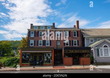 Historic commercial buildings on Main Street at Upper Common in downtown Fitchburg, Massachusetts MA, USA. Stock Photo