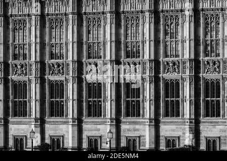 Black and white Houses of Parliament, the iconic London building and tourist attraction landmark during Coronavirus Covid-19 pandemic virus lockdown in England, UK