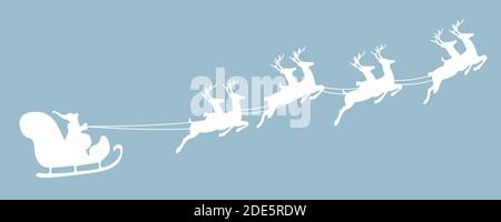 Merry Christmas and New year. Vector design silhouette Santa Claus flying with deer reindeer sleigh. Design element poster, banner, invitation, congra Stock Vector