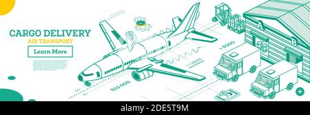 Cargo Delivery by Airplane. Outline Isometric Global Logistics Network. Warehouse in Airport.  Forklift Truck or Loader with Pallet with Parcels. Van. Stock Vector