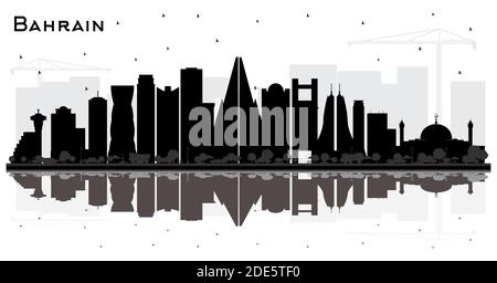 Bahrain City Skyline Silhouette with Black Buildings and Reflections Isolated on White. Vector Illustration. Tourism Concept with Modern Architecture. Stock Vector