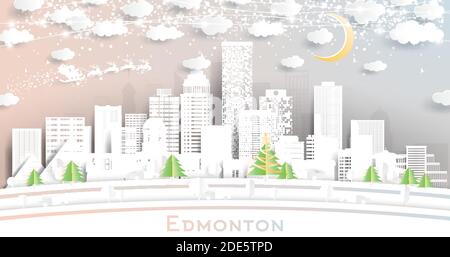 Edmonton Canada City Skyline in Paper Cut Style with Snowflakes, Moon and Neon Garland. Vector Illustration. Christmas and New Year Concept. Santa. Stock Vector
