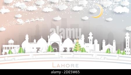 Lahore Pakistan City Skyline in Paper Cut Style with Snowflakes, Moon and Neon Garland. Vector Illustration. Christmas and New Year Concept. Santa. Stock Vector