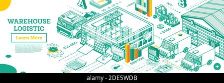 Warehouse Exterior. Isometric Outline Concept with Storehouse Buildings. Warehouse Logistics System. Loading of Delivery Trucks. Infographics. Stock Vector