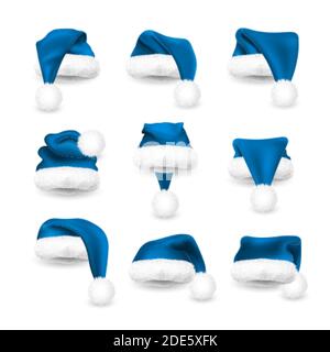Realistic set of Blue Santa Claus hats isolated on white background. Gradient mesh Santa Claus cap with fur. Vector illustration. Stock Vector