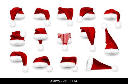 Realistic set of Red Santa Claus hats isolated on white background. Gradient mesh Santa Claus cap with fur. Vector illustration. Stock Vector