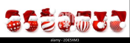 Christmas ball in Red Santa Claus hat isolated on white background. Holiday decoration template. Gradient mesh Santa Claus cap with fur. Vector illust Stock Vector
