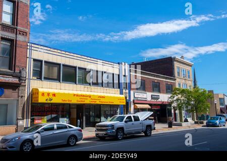 Historic commercial buildings on Main Street at Blossom Street in downtown Fitchburg, Massachusetts MA, USA. Stock Photo