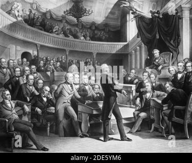 Print shows Senator Henry Clay speaking about the Compromise of 1850 in the Old Senate Chamber. Daniel Webster is seated to the left of Clay and John C. Calhoun to the left of the Speaker's chair. Stock Photo