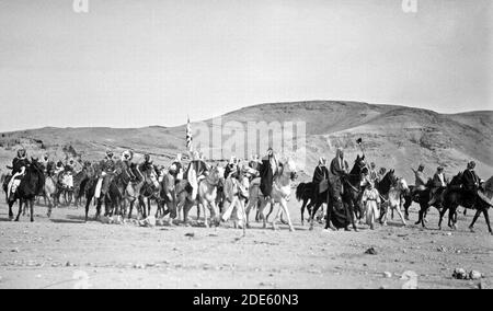 Middle East History - Pan-Islamic conference gathers at Shunet Nimrin Transjordan. Closer view of the royal cavalcade. King Ali and Emir Abdullah Stock Photo