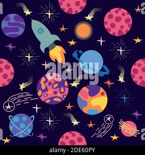 Seamless space pattern. Planets, rockets and stars. Cartoon spaceship icons. Kid's elements for scrap-booking. Stock Vector