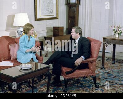 'Rosalynn Carter with David Hartman fro ''Good Morning America'' interview. ca.  04/27/1978' Stock Photo