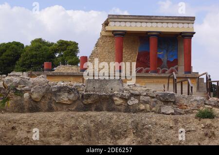 The north entrance of the Palace of Knossos with the Charging Bull fresco Stock Photo