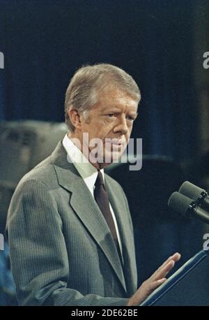 Close up of Jimmy Carter at a press conference ca.  17 January 1979 Stock Photo