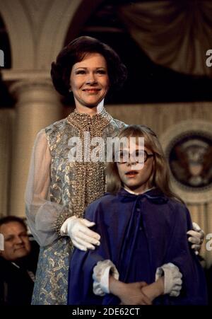 Rosalynn Carter and Amy Carter at Inaugural Ball ca.  20 January 1977 Stock Photo