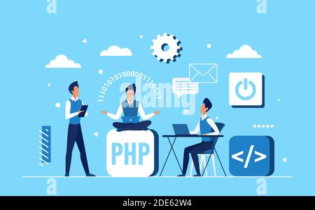 Programmer coder people team work on application development vector illustration. Cartoon tiny engineer developer characters programming and coding, teamwork for web design code concept background Stock Vector