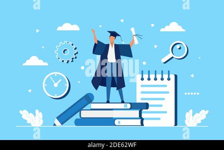 Graduate achievement concept vector illustration. Cartoon winner student achieving graduation from school or university, wearing hat and robe, holding diploma, standing on stack of books background Stock Vector