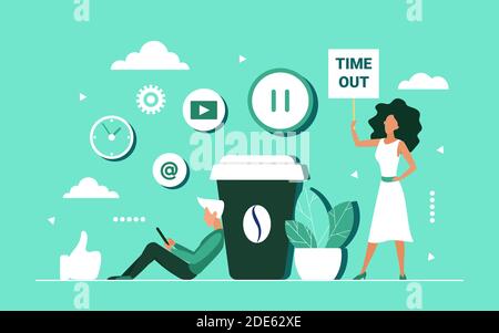 Coffee break concept vector illustration. Cartoon tiny woman character holding warning sign with time out text, man sitting near big coffee cup, using social media for break from work background Stock Vector