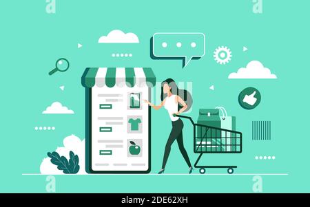 Shopping online with mobile smartphone shop app service vector illustration. Cartoon tiny consumer buyer woman holding shopping cart to buy in modern internet store on sales concept background Stock Vector