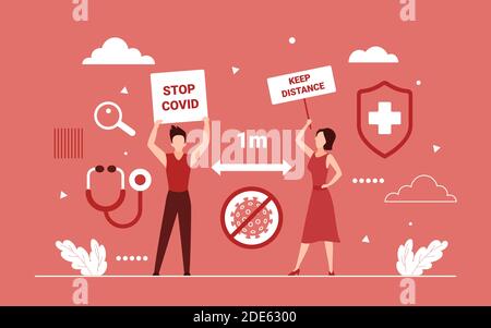 Keep social distance vector illustration. Cartoon man woman characters distancing, keeping 1 m physical distance between people, holding warning signs to stop covid19 corona virus concept background Stock Vector