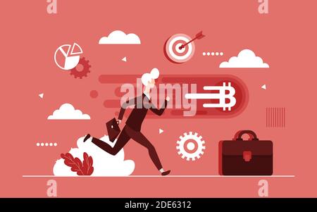 Bitcoin crypto currency business concept vector illustration. Cartoon businessman investor character running for bitcoin sign flying forward, investment in cryptocurrency digital market background